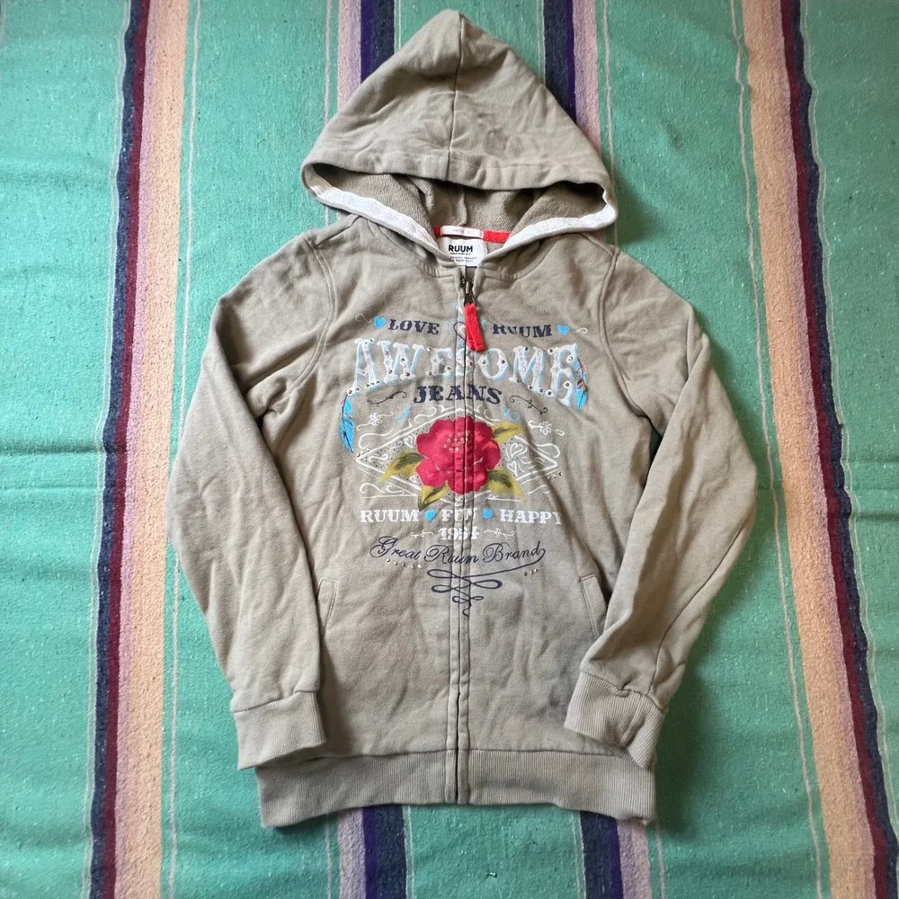 RUUM Zip Up Hoodie Girls Size 10 M Khaki Tan Floral Graphic Rhinestone Hoodie